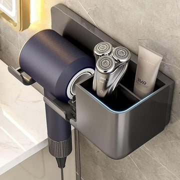 Wall-Mounted Hair Dryer Holder with Cable Hook | No-Drill Self-Adhesive Rack