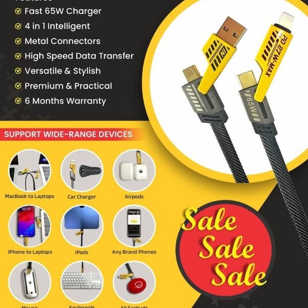 4-in-1 Ultra Fast Charging Cable | Data Cable for Phone, Tablet & Laptop