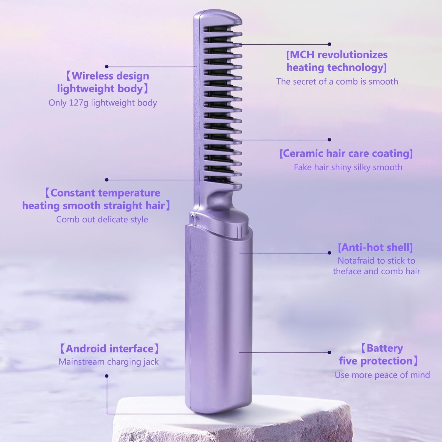 Wireless Hair Straightening Brush | Rechargeable Cordless Hair Straightener Comb