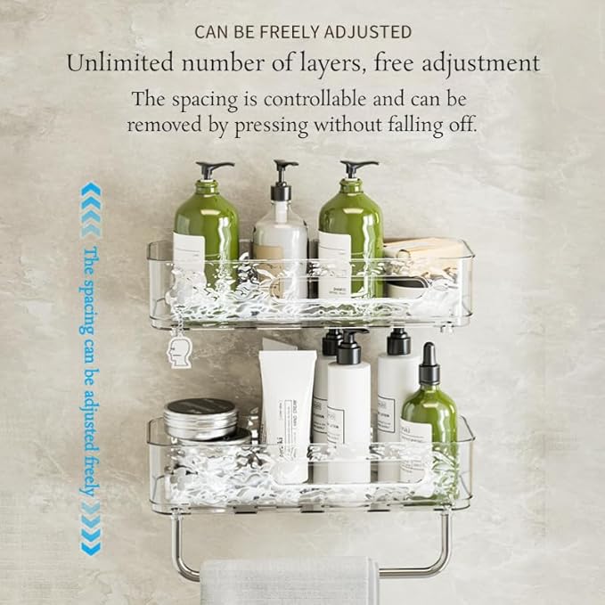 Rust-Proof No-Drill Bathroom Shelf | 2-Tier Shower Caddy Organizer with Hooks & Adhesive Mount