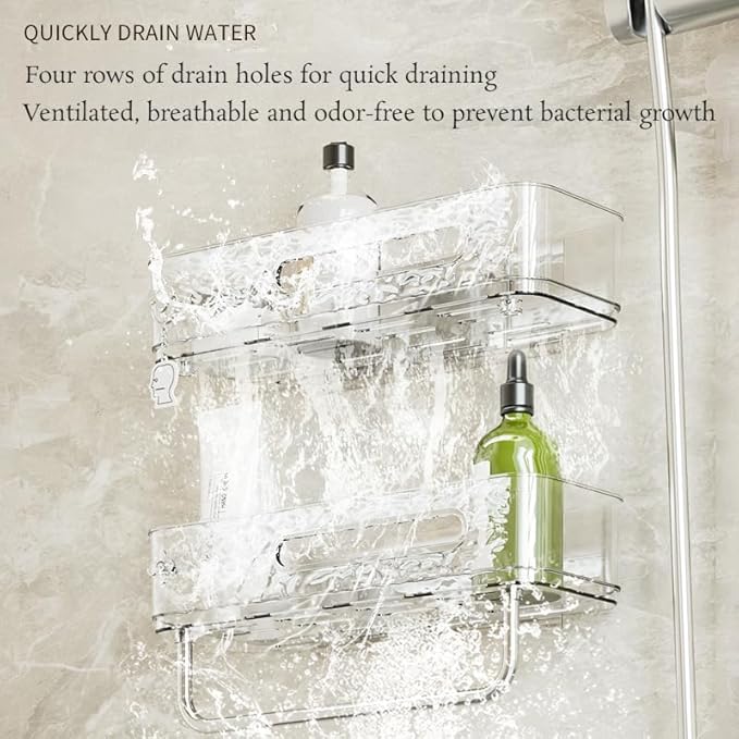 Rust-Proof No-Drill Bathroom Shelf | 2-Tier Shower Caddy Organizer with Hooks & Adhesive Mount