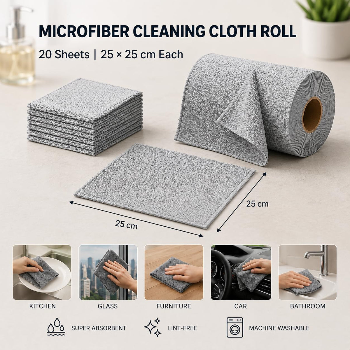 Microfiber Cleaning Cloth Roll, 20Pcs