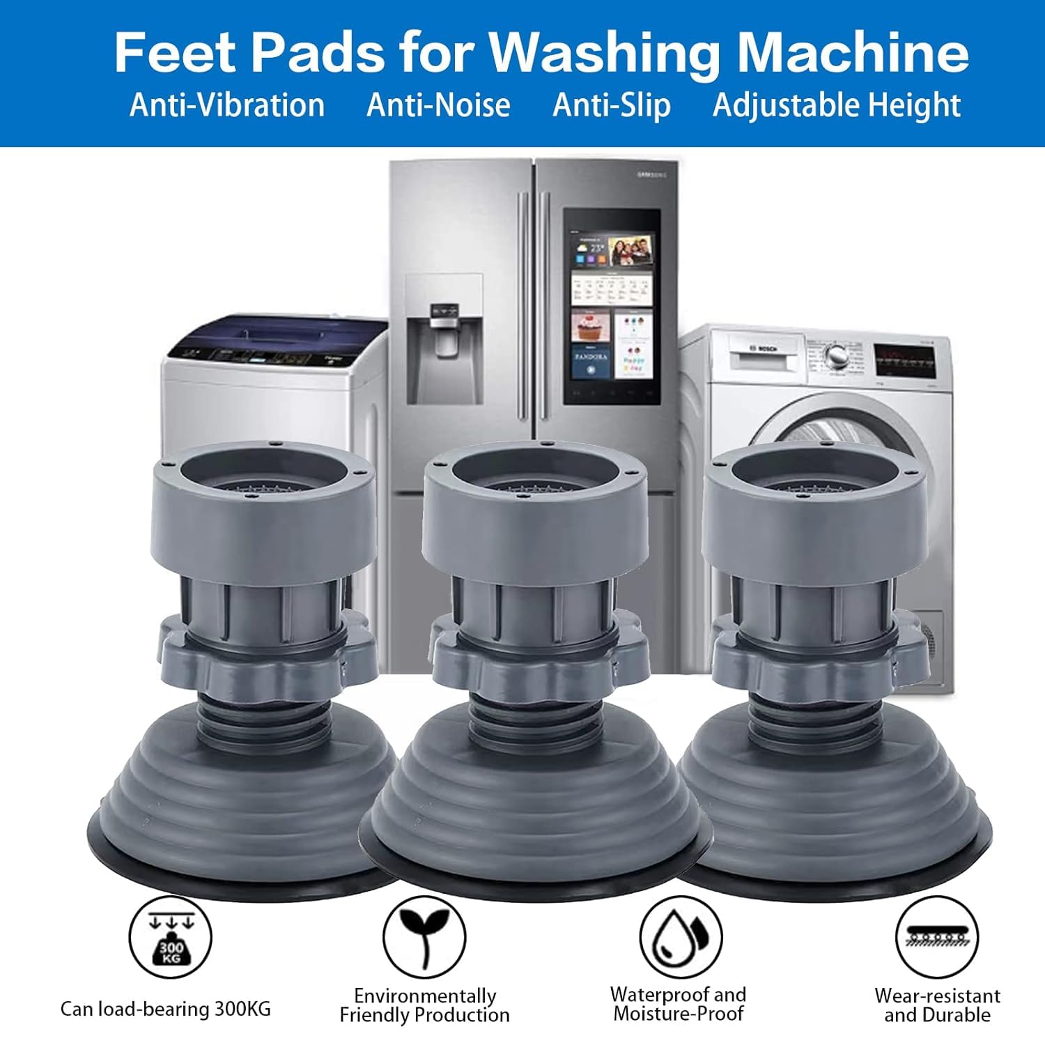 Washing Machine Vibration Pads, Floor Trays, Refrigerator Stand, Washing Machine Stand,Height Adjustment Feet for Refrigerators with Anti-Slip Rubber (4 Pcs Set)