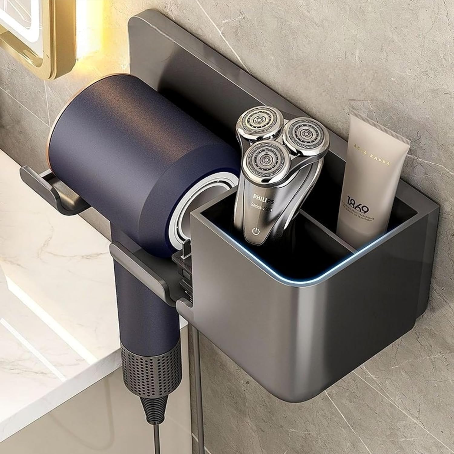 Wall-Mounted Hair Dryer Holder with Cable Hook | No-Drill Self-Adhesive Rack