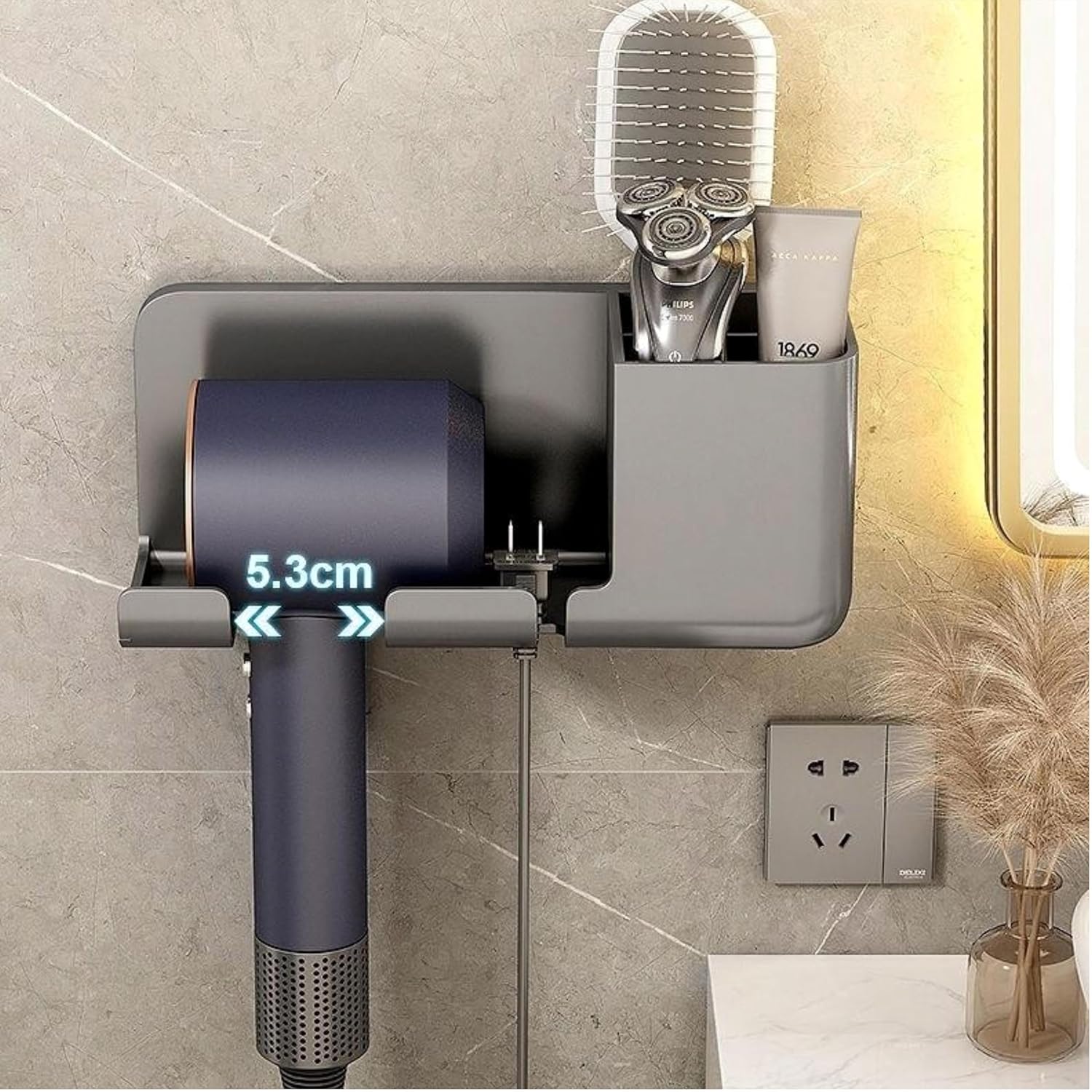 Wall-Mounted Hair Dryer Holder with Cable Hook | No-Drill Self-Adhesive Rack