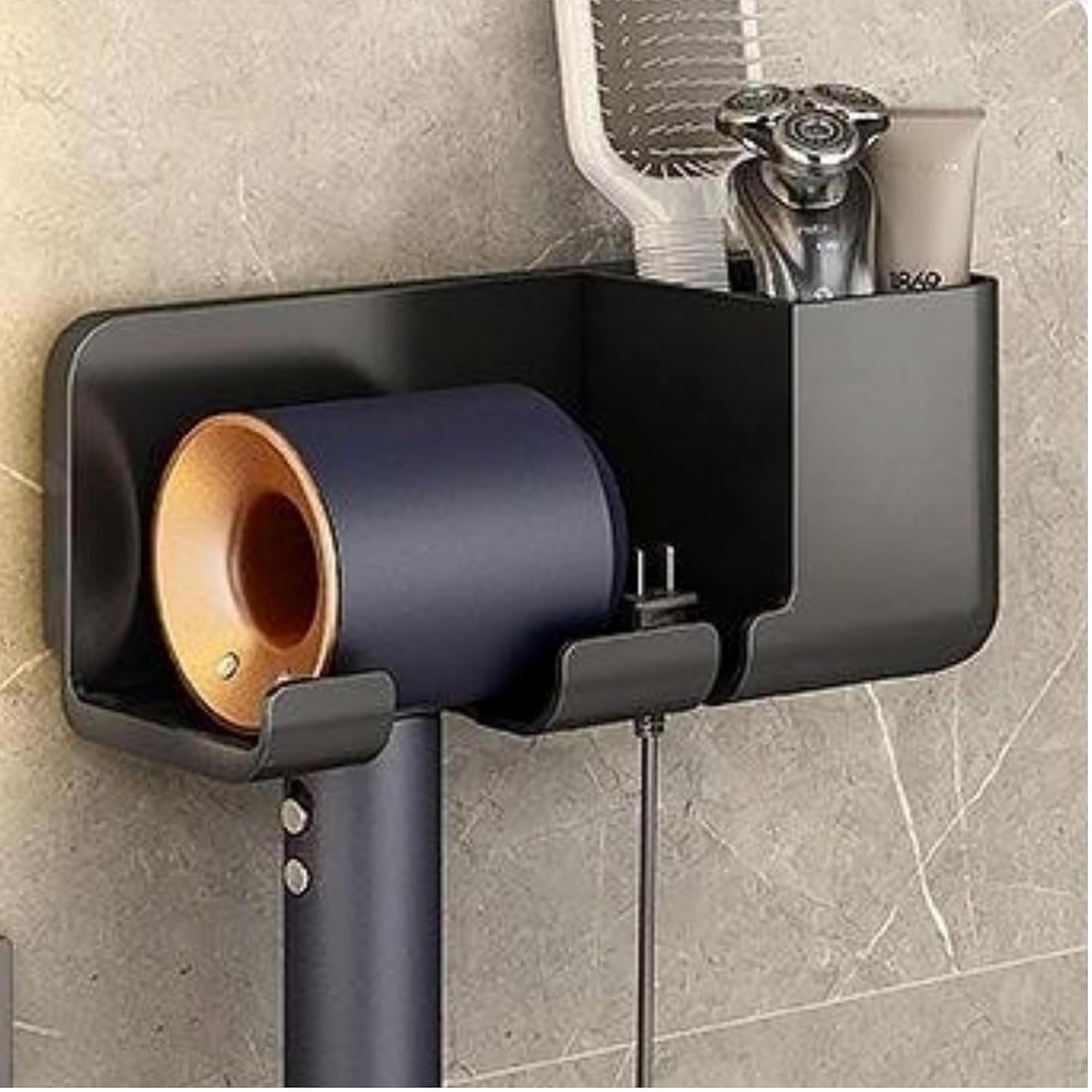 Wall-Mounted Hair Dryer Holder with Cable Hook | No-Drill Self-Adhesive Rack