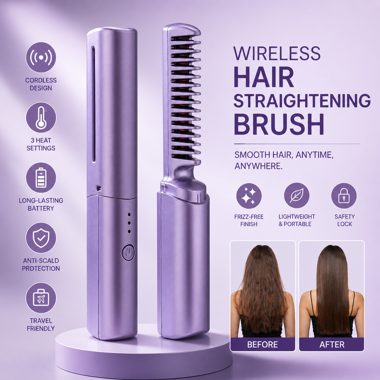 Wireless Hair Straightening Brush | Rechargeable Cordless Hair Straightener Comb